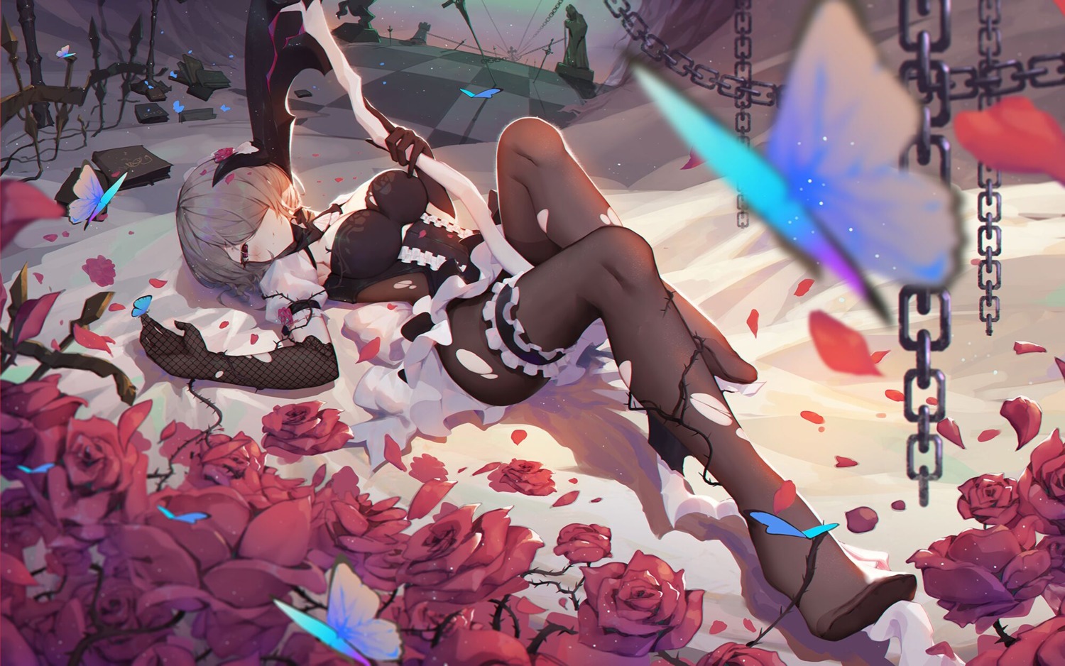 asa_ni_haru, benghuai_xueyuan, cleavage, garter, horns, pantyhose, rita_rossweisse, torn_clothes, weapon