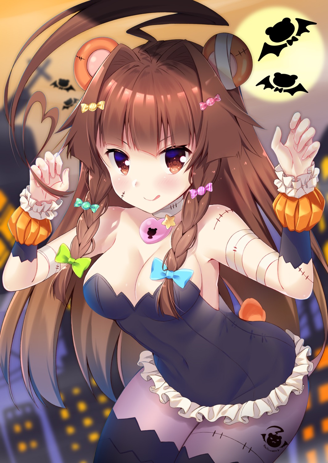animal_ears, bandages, cleavage, halloween, kantai_collection, ko_yu, kuma_(kancolle), pantyhose