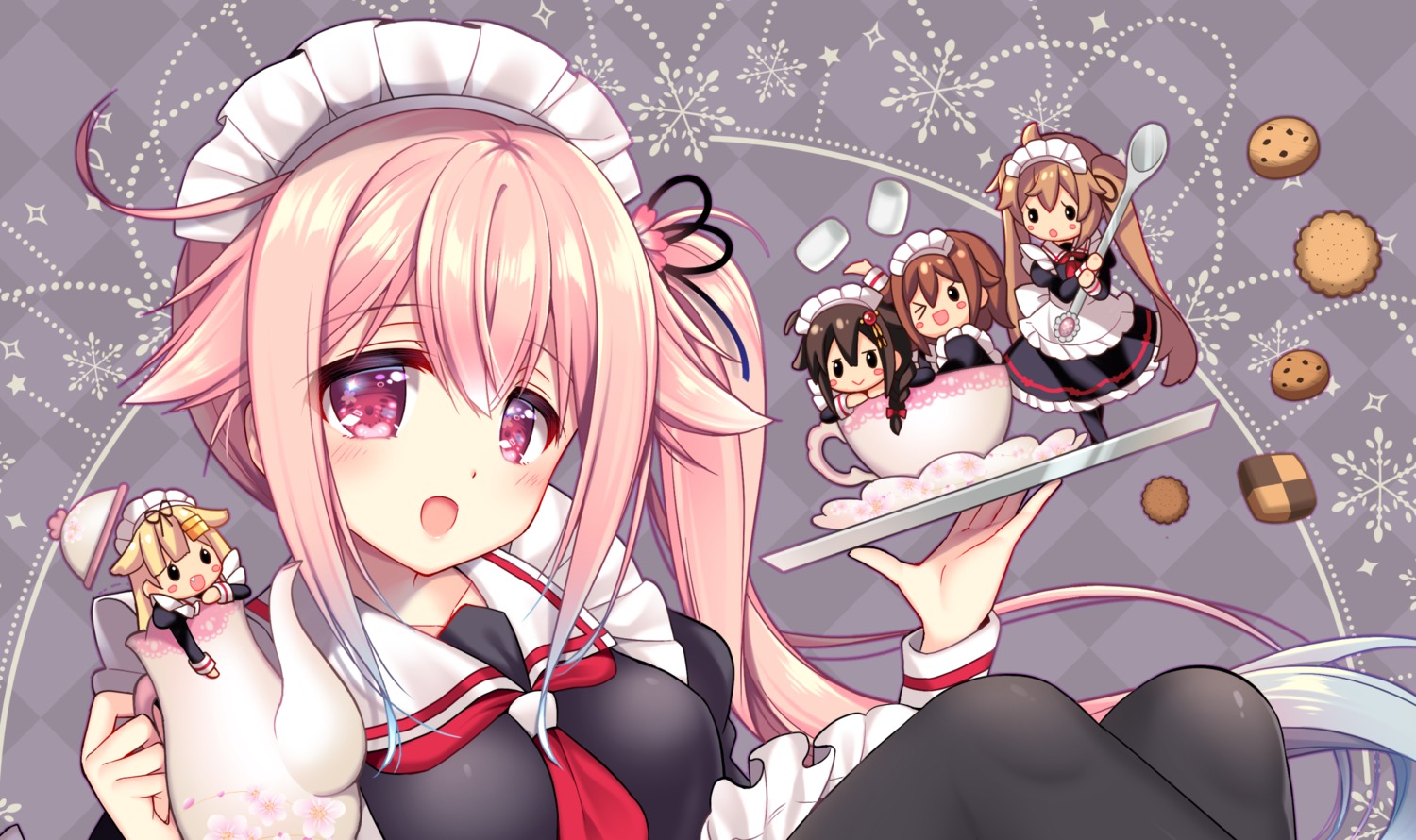 chibi, harusame_(kancolle), kantai_collection, maid, murasame_(kancolle), ringo_sui, shigure_(kancolle), shirayuki_(kancolle), yuudachi_(kancolle)
