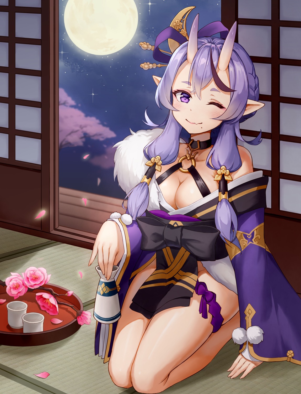 garter, hongye_feixue, horns, japanese_clothes, nijisanji, nijisanji_seeds, no_bra, open_shirt