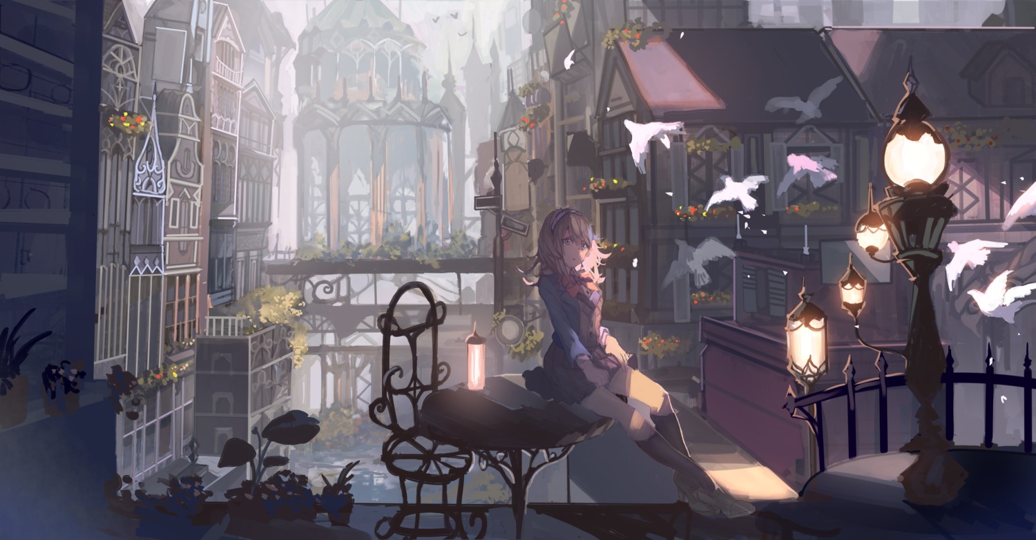 heels, landscape, ori_(momonimo), seifuku, sweater