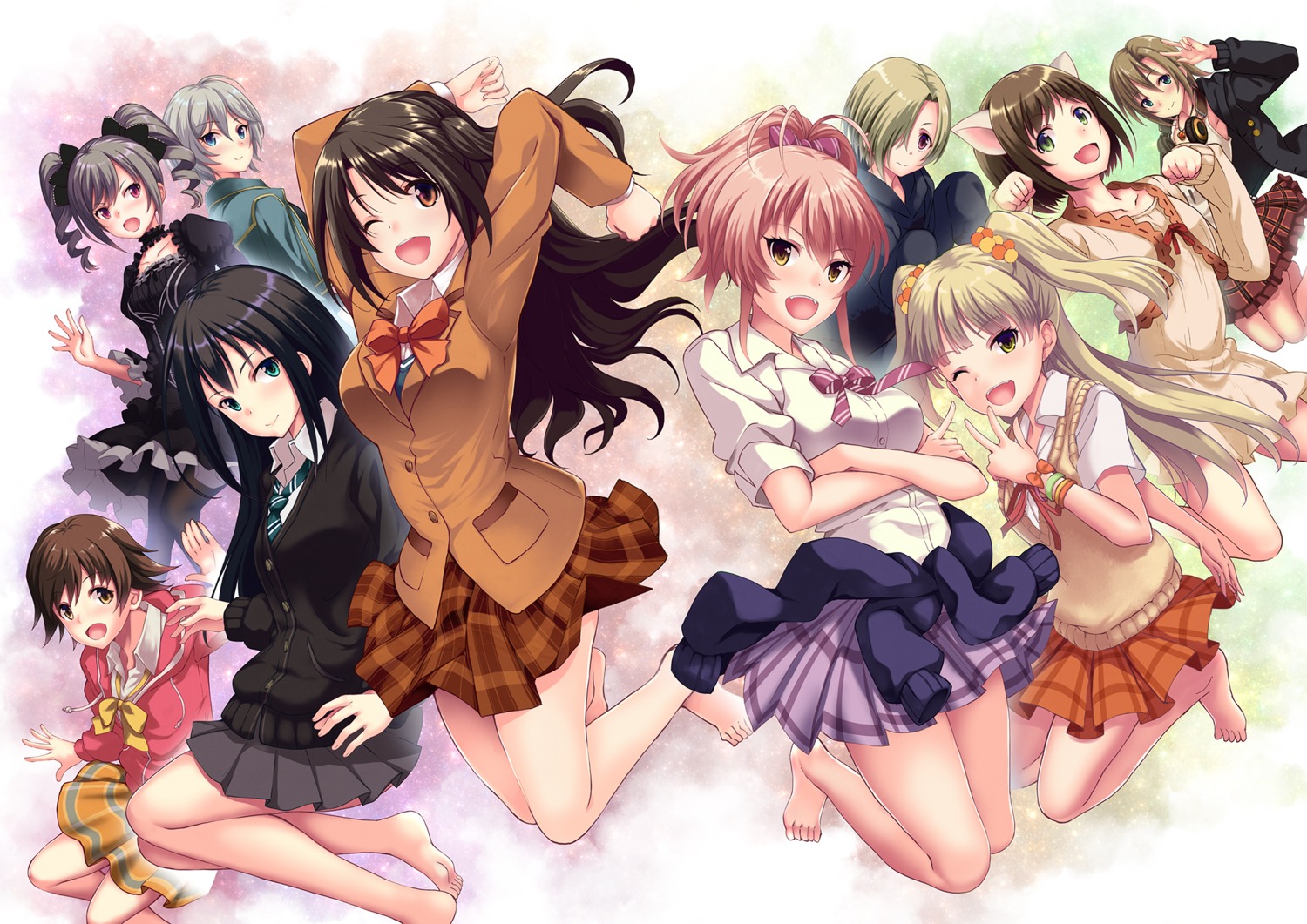 anastasia_(idolm@ster), animal_ears, breast_hold, dress, headphones, honda_mio, jougasaki_mika, jougasaki_rika