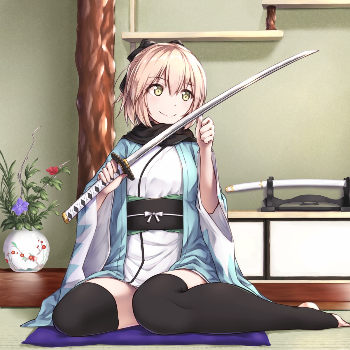 enchuu, fate/grand_order, feet, japanese_clothes, okita_souji_(fate), sword, thighhighs