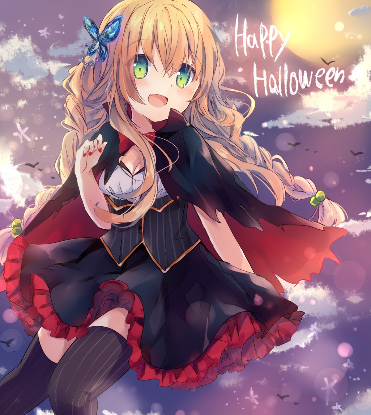 asanagi_kurumi_(panda-doufu), cleavage, dress, halloween, skirt_lift, thighhighs, torn_clothes