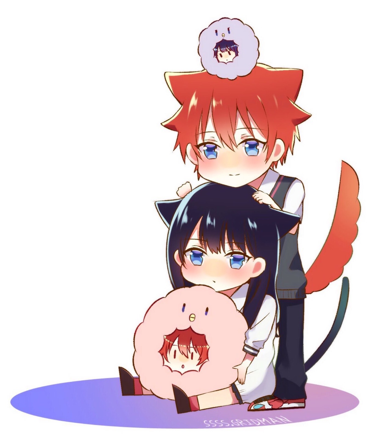 chibi, gridman_universe, hibiki_yuuta, komugi_(komugi_ckdi), seifuku, ssss.gridman, sweater, takarada_rikka