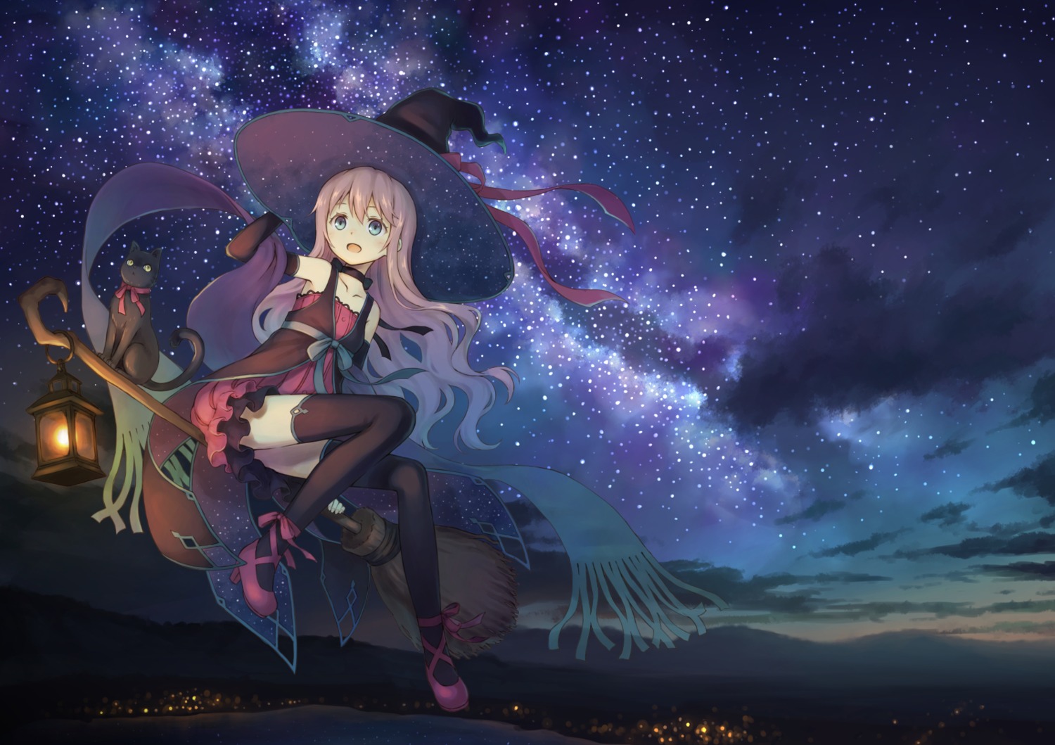 104_(artist), dress, heels, landscape, neko, skirt_lift, thighhighs, witch