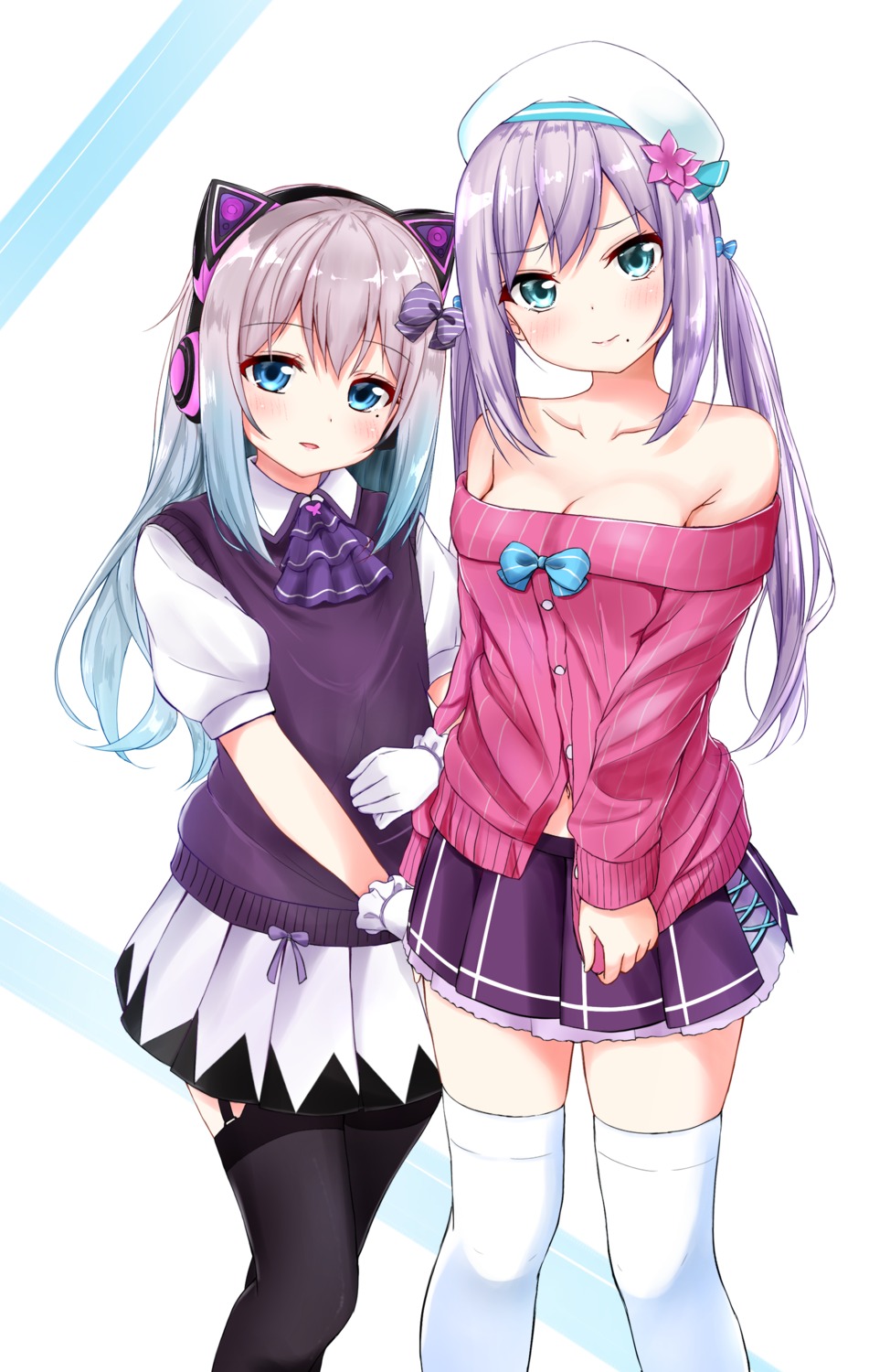animal_ears, cleavage, ex_idol, hanamachi_sumire, headphones, iriam, mia_(iriam), nekomimi, seifuku, stockings, sweater, thighhighs