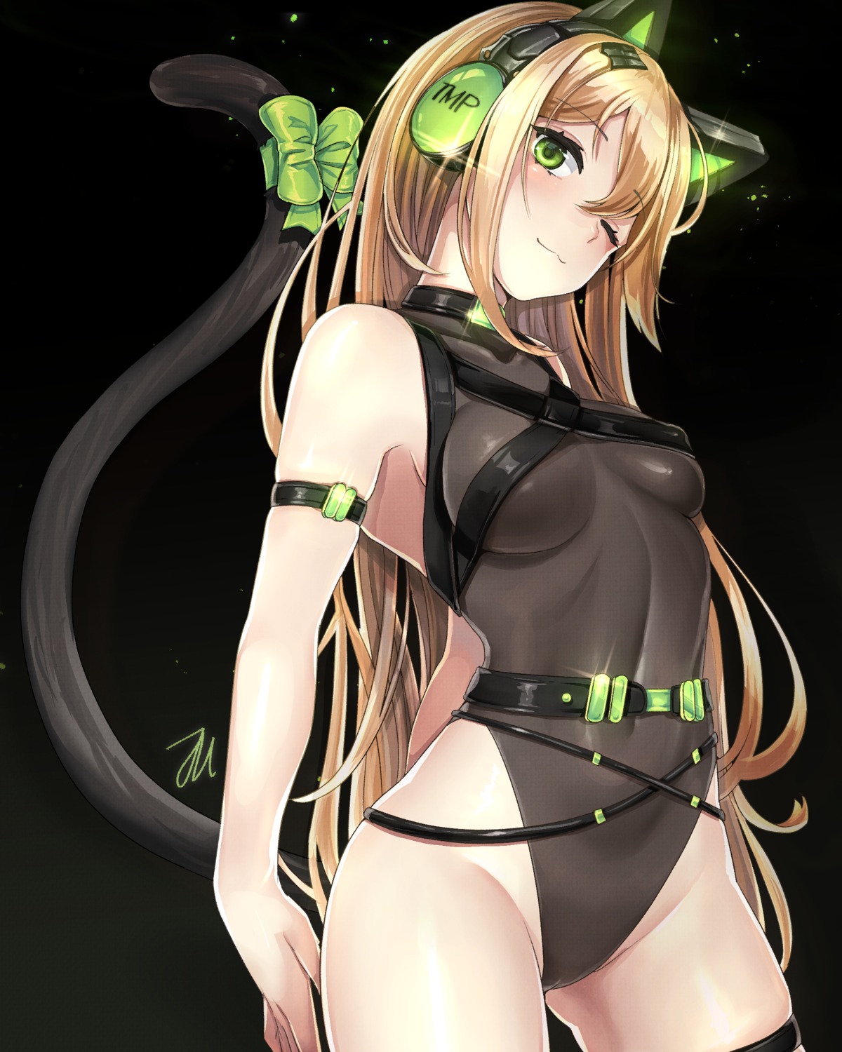 animal_ears, garter, girls_frontline, headphones, leotard, nekomimi, sun_miru, tail, tmp_(girls_frontline)