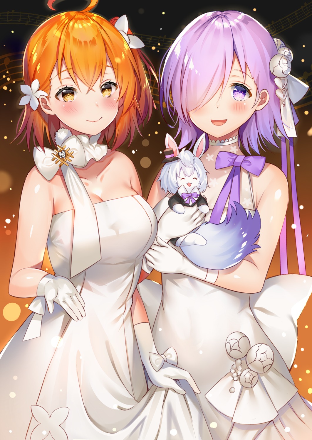 aozora_nan, breast_hold, cath_palug_(fate), cleavage, dress, fate/grand_order, fujimaru_ritsuka_(female), mash_kyrielight