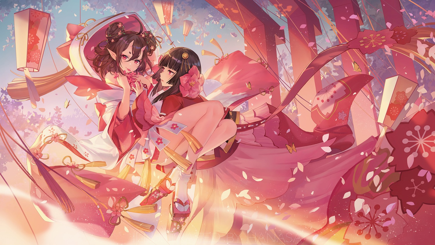 criin, horns, japanese_clothes, momo_(onmyouji), onmyouji, pointy_ears, sakura_(onmyouji)