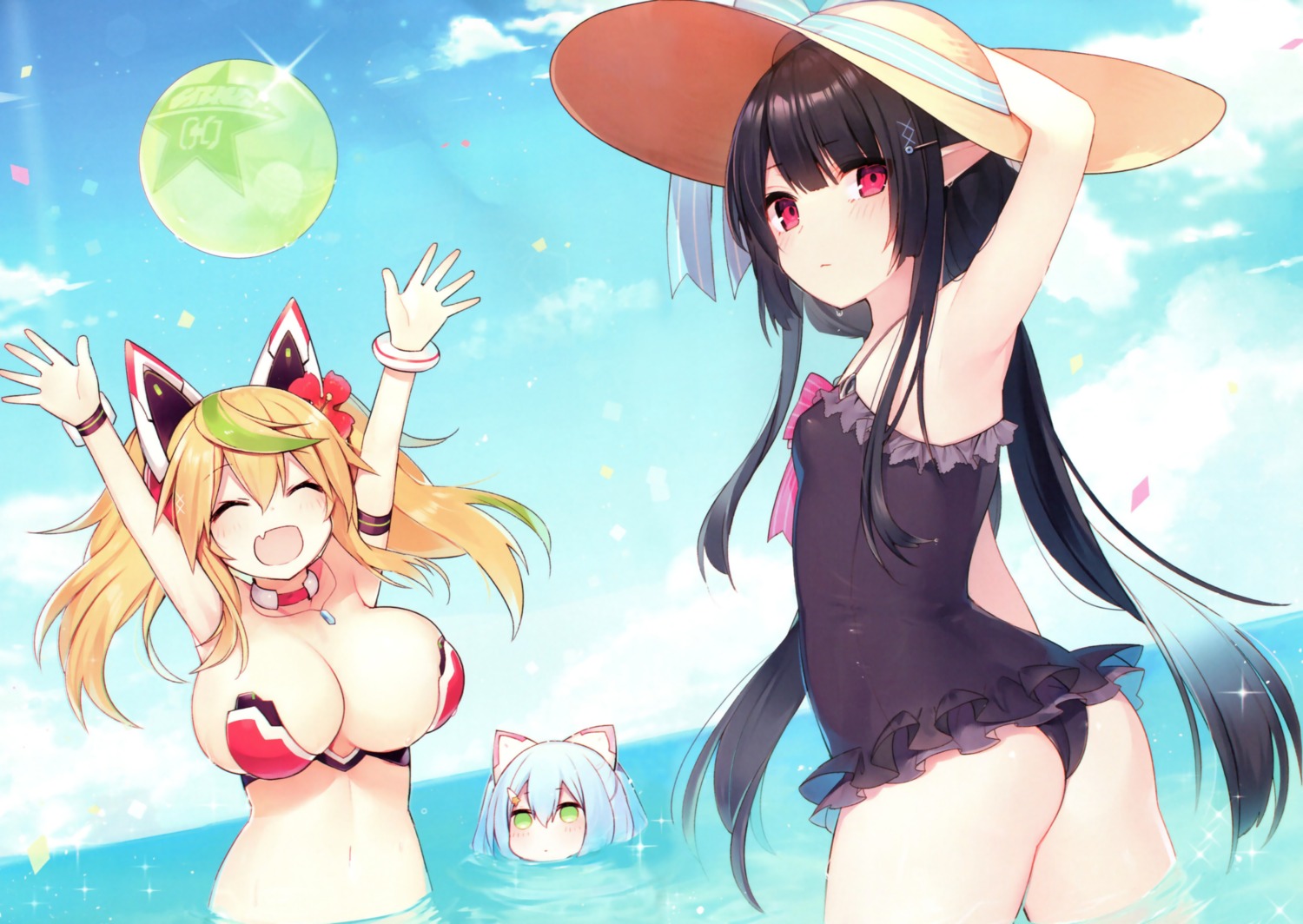 anette_(pso2), animal_ears, ass, bikini_top, cleavage, gené_(phantasy_star_online_2), muryo, nekomimi, phantasy_star_online_2, pointy_ears, swimsuits, wet