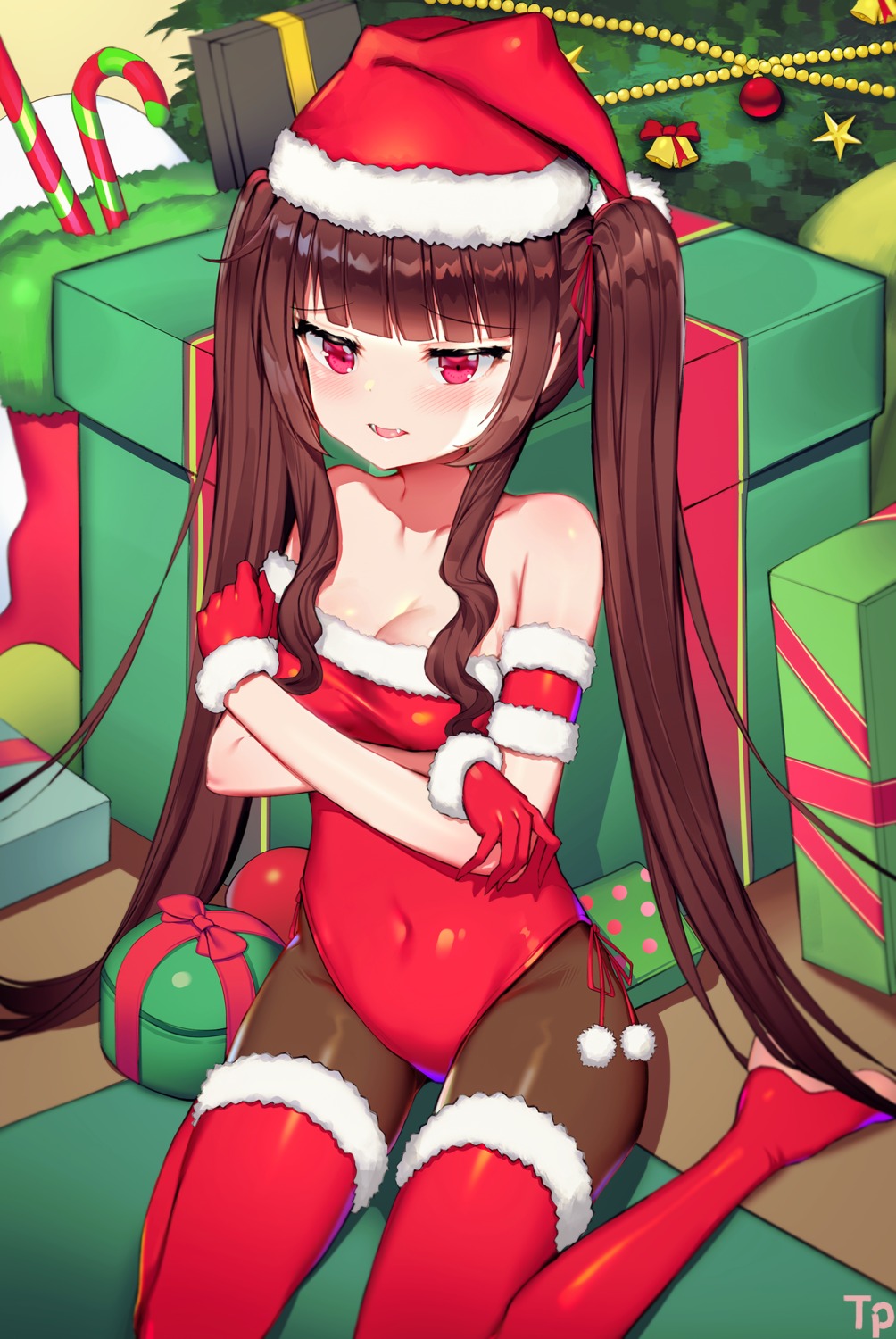 breast_hold, christmas, cleavage, heels, leotard, lily_bloomerchen, pantyhose, soul_worker