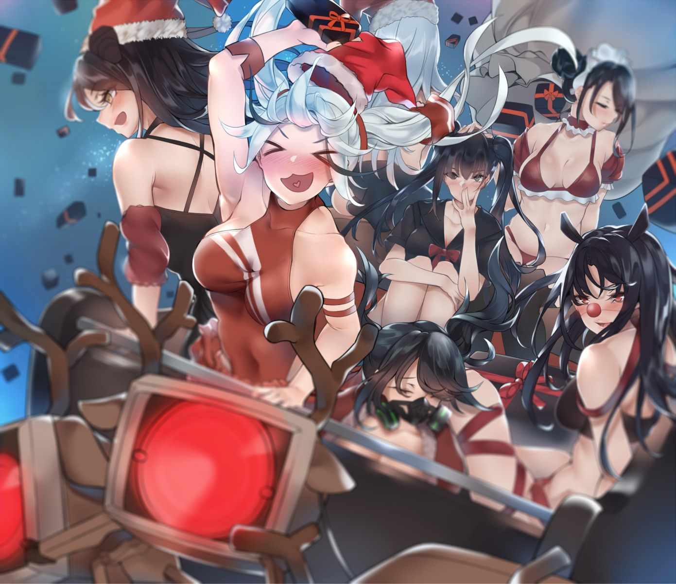 agent_(girls_frontline), animal_ears, bababababan, bikini, christmas, cleavage, destroyer_(girls_frontline), dreamer_(girls_frontline)