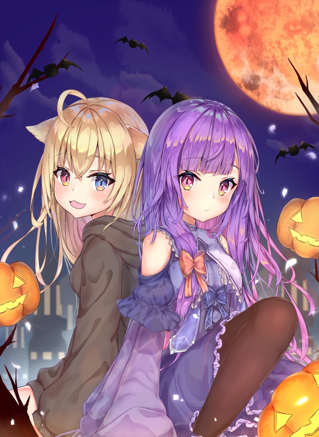 animal_ears, dress, halloween, heterochromia, mishuo_(misuo69421), pantyhose