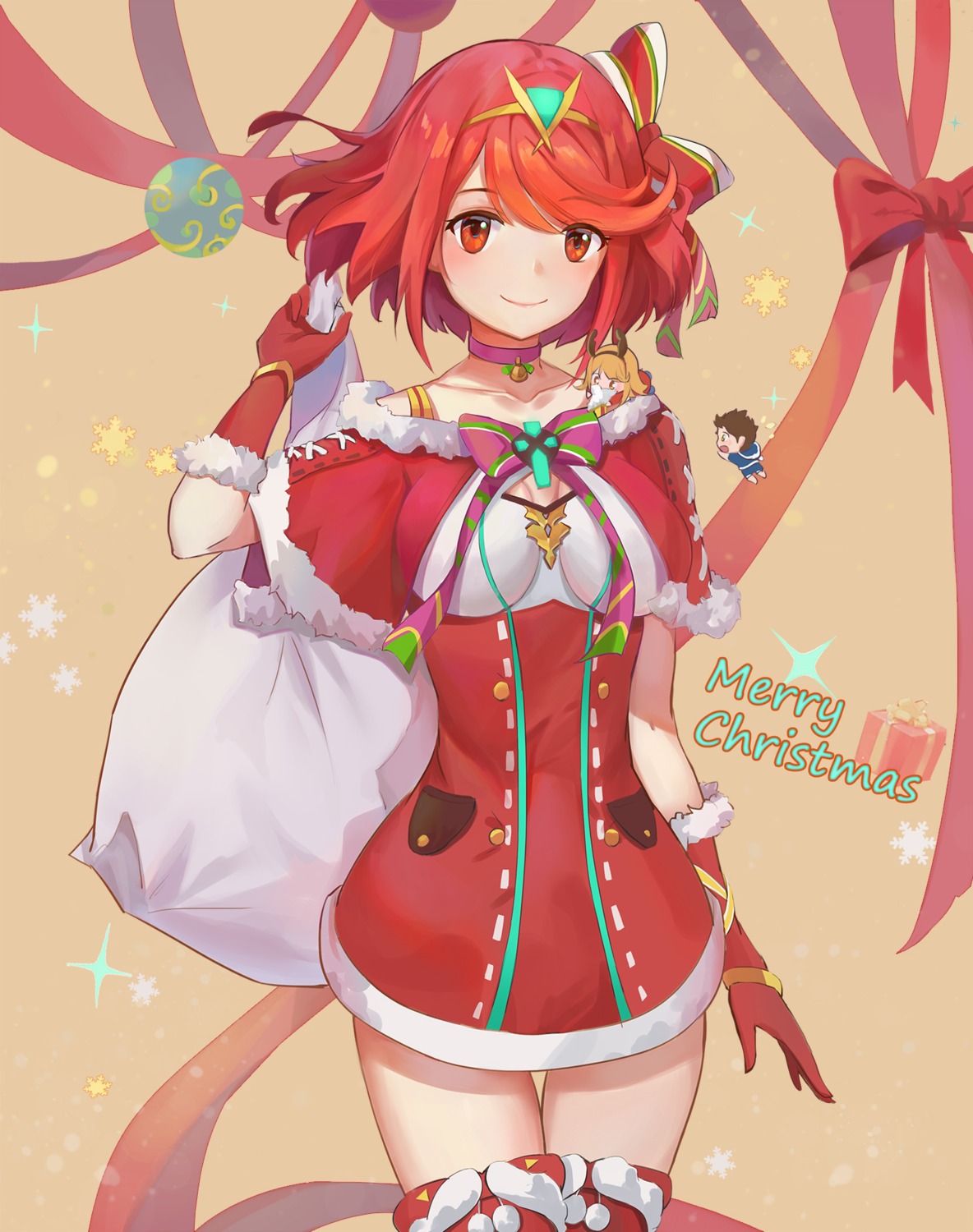 christmas, cleavage, dress, homura_(xenoblade_2), kiiro_kimi, thighhighs, xenoblade_(series), xenoblade_2