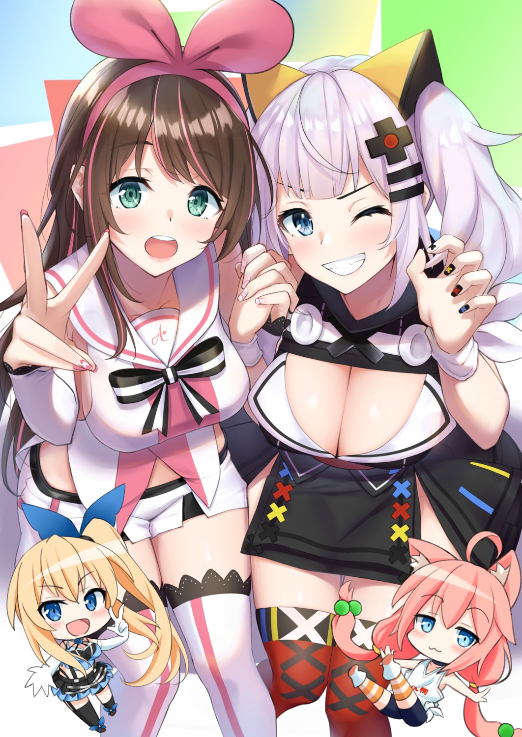 animal_ears, chibi, cleavage, crossover, hinata_channel, kaguya_luna, kizuna_ai, kizuna_ai_inc.