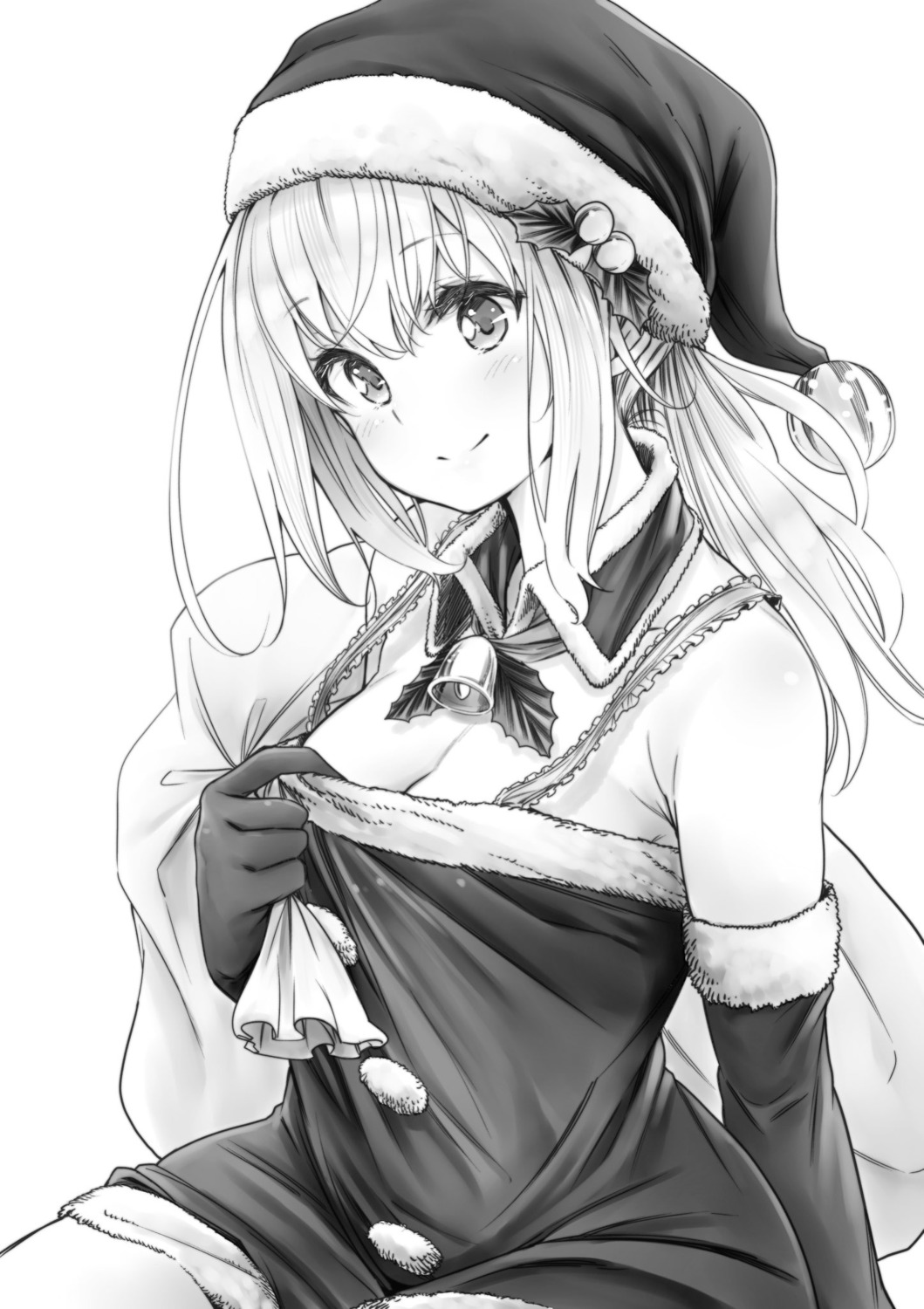 bra, christmas, cleavage, monochrome, soborou