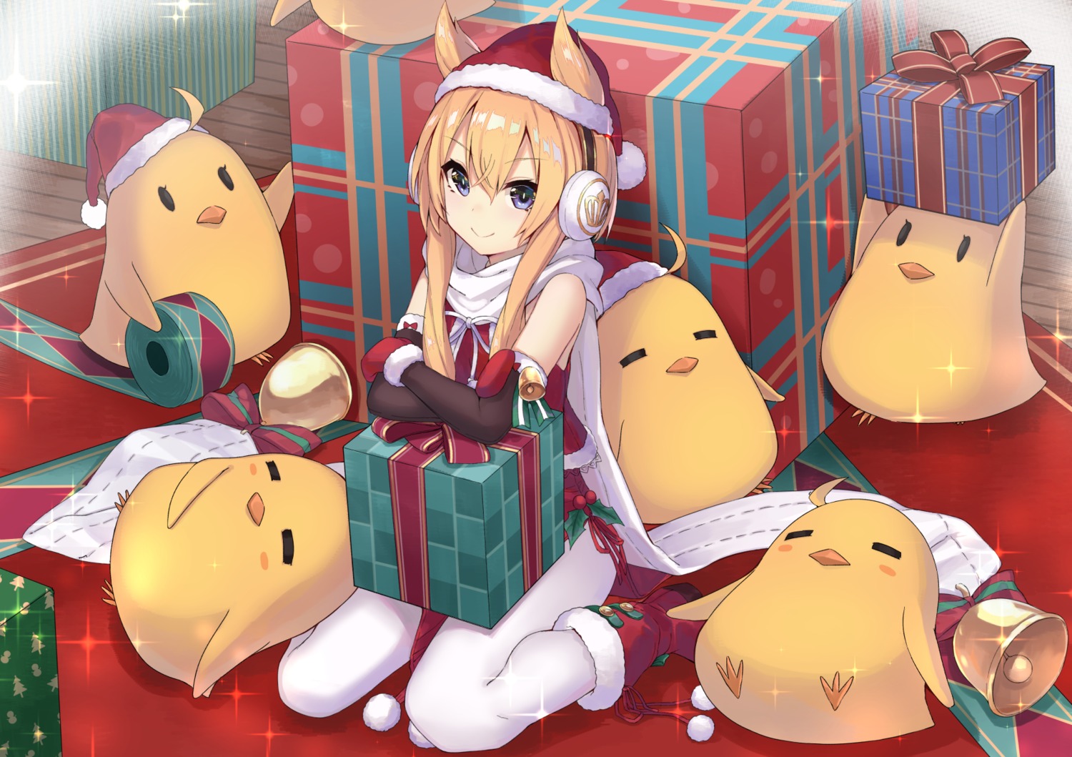 animal_ears, azur_lane, christmas, headphones, manjuu_(azur_lane), nemeneko_6, pantyhose, warspite_(azur_lane)
