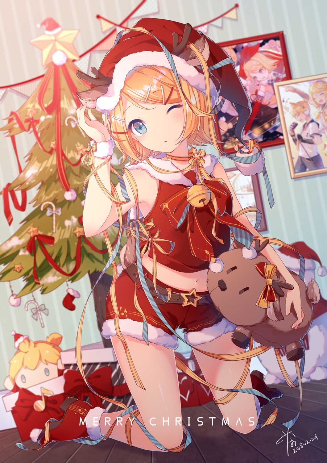 animal_ears, chaji_xiao_bai, christmas, heels, horns, kagamine_rin, tail, vocaloid