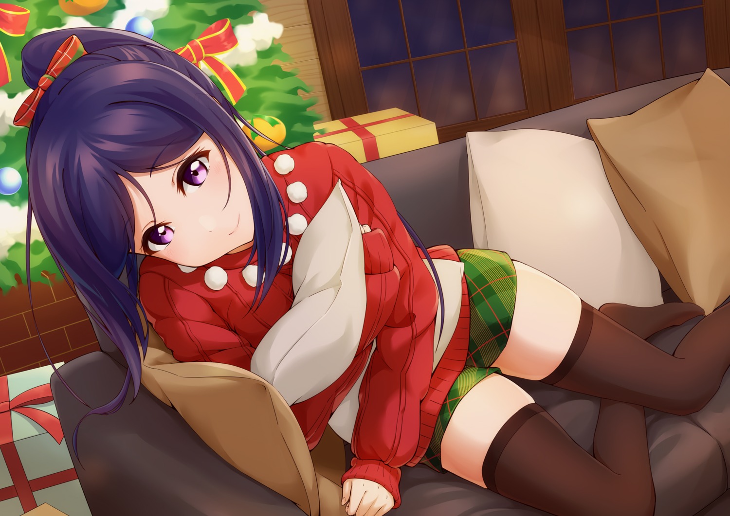 christmas, love_live!_(series), love_live!_sunshine!!, matsuura_kanan, prbili, sweater, thighhighs