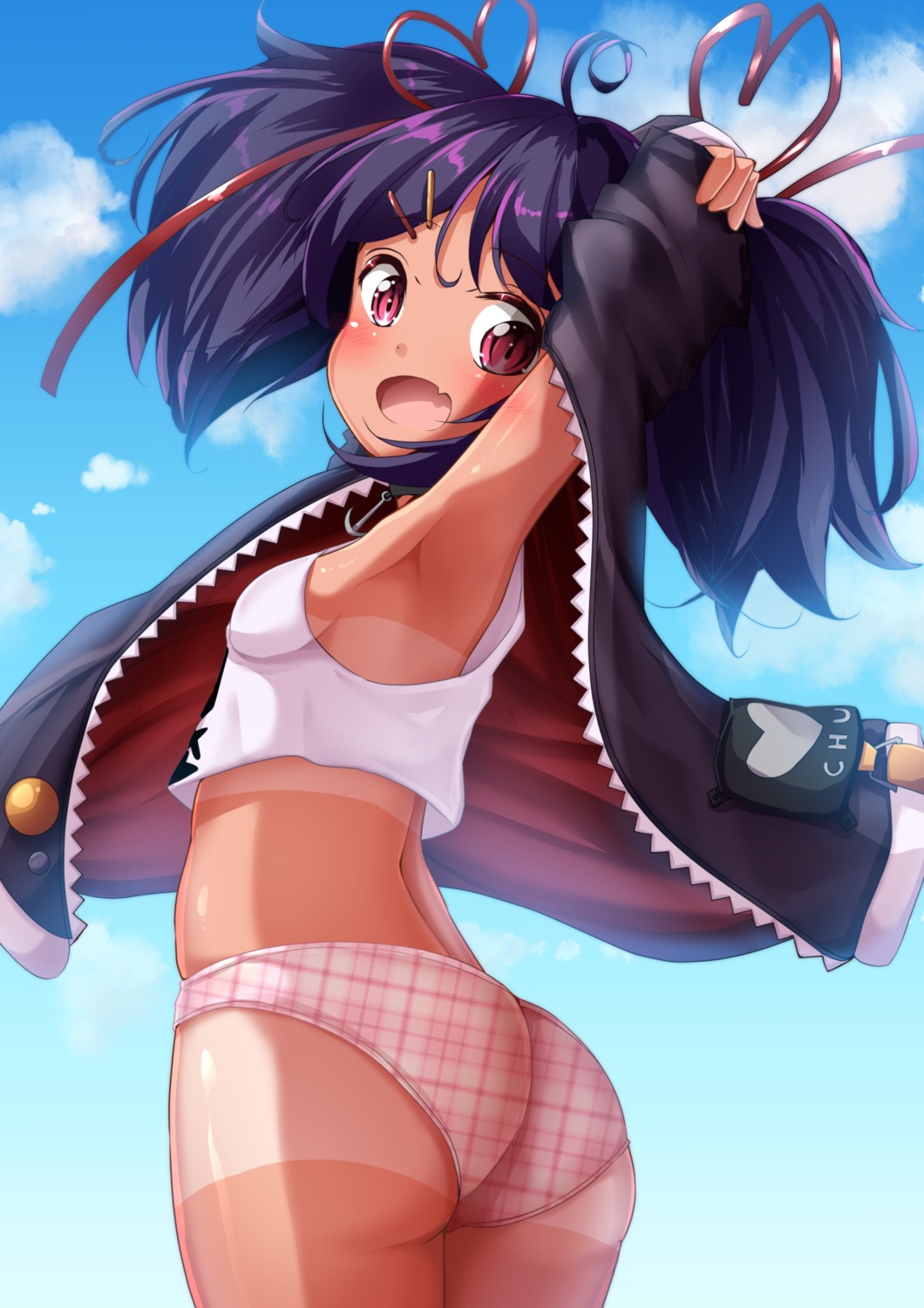 ass, azur_lane, bikini, hazelwood_(azur_lane), mochiyuki, open_shirt, swimsuits, tan_lines