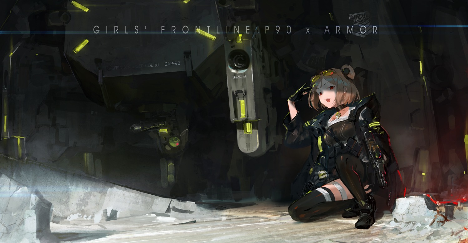 garter, girls_frontline, gun, kare_huang, megane, p90_(girls_frontline), thighhighs