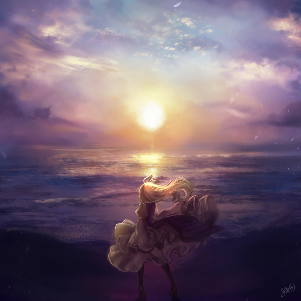dress, heels, kyogoku-uru, landscape, skirt_lift, touhou, yakumo_yukari