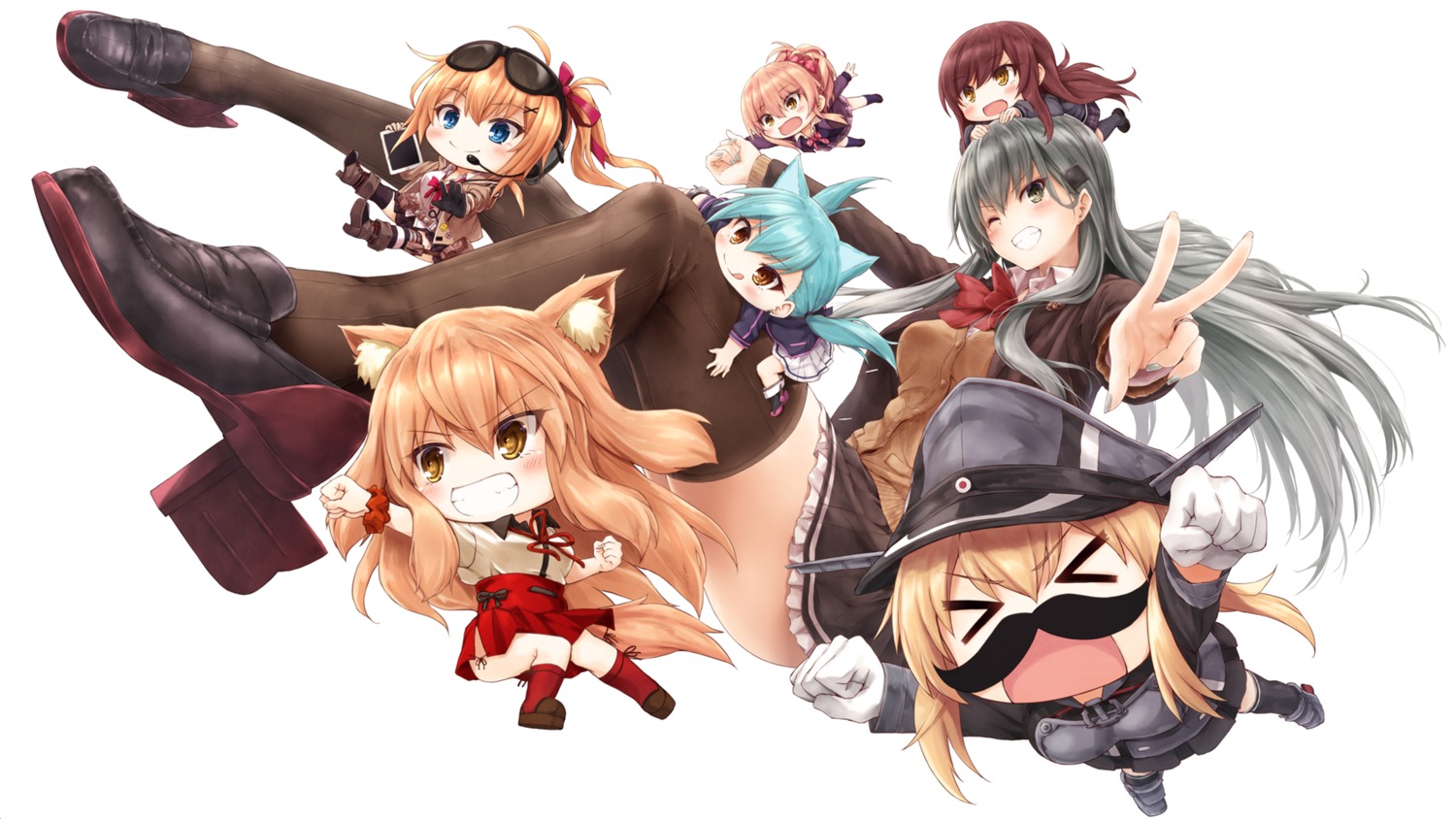 animal_ears, aoba_(azur_lane), azur_lane, chibi, crossover, fate/grand_order, girls_frontline, headphones