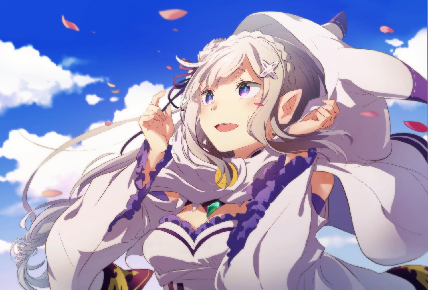 cleavage, elf, emilia_(re_zero), harusabin, pointy_ears, re:zero_kara_hajimeru_isekai_seikatsu