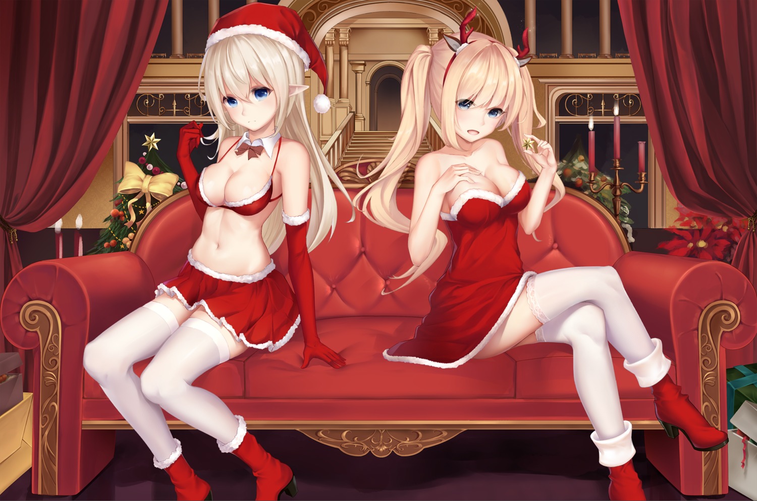 animal_ears, bikini_top, christmas, dress, heels, horns, karin_(fineyanny), pointy_ears, swimsuits, thighhighs