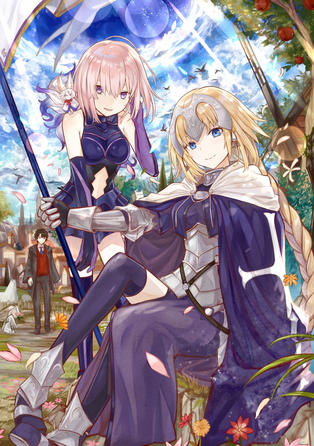 armor, cath_palug_(fate), fate/grand_order, fujimaru_ritsuka_(male), garter, jeanne_d'arc, jeanne_d'arc_(fate), kazabana_fuuka