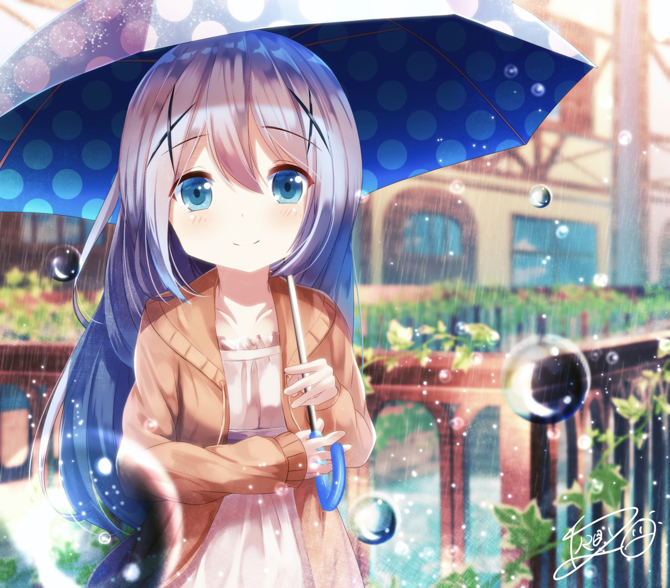 chinomaron, dress, gochuumon_wa_usagi_desu_ka?, kafuu_chino, sweater, umbrella, wet
