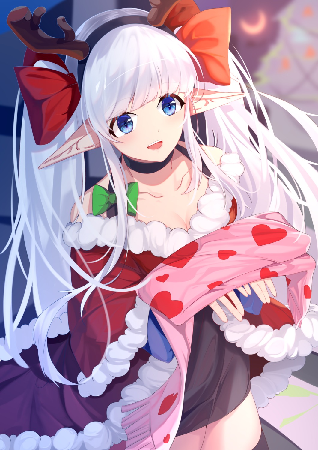 christmas, cleavage, dress, horns, menghuan_tian, pointy_ears, thighhighs