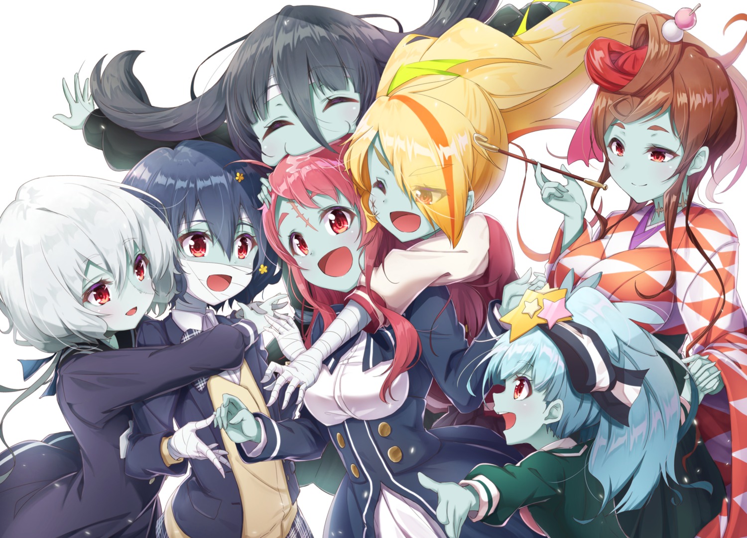 bandages, hoshikawa_lily, japanese_clothes, konno_junko, matokechi, minamoto_sakura, mizuno_ai, nikaido_saki, seifuku, smoking, trap, yamada_tae, yuugiri_(zombieland_saga), zombieland_saga