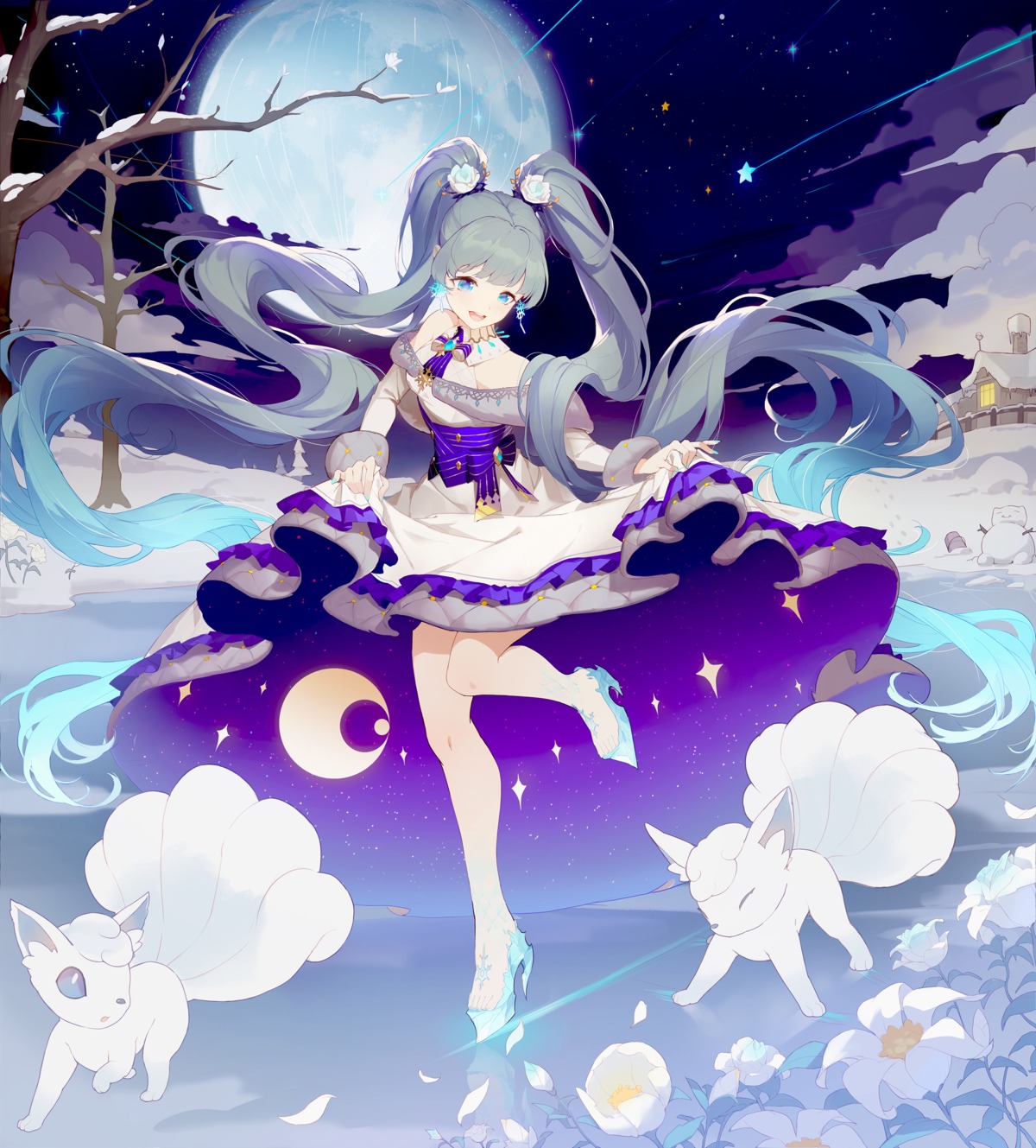 alolan_vulpix, crossover, dress, hatsune_miku, heels, helic_(7317helic), pokemon, skirt_lift, vocaloid