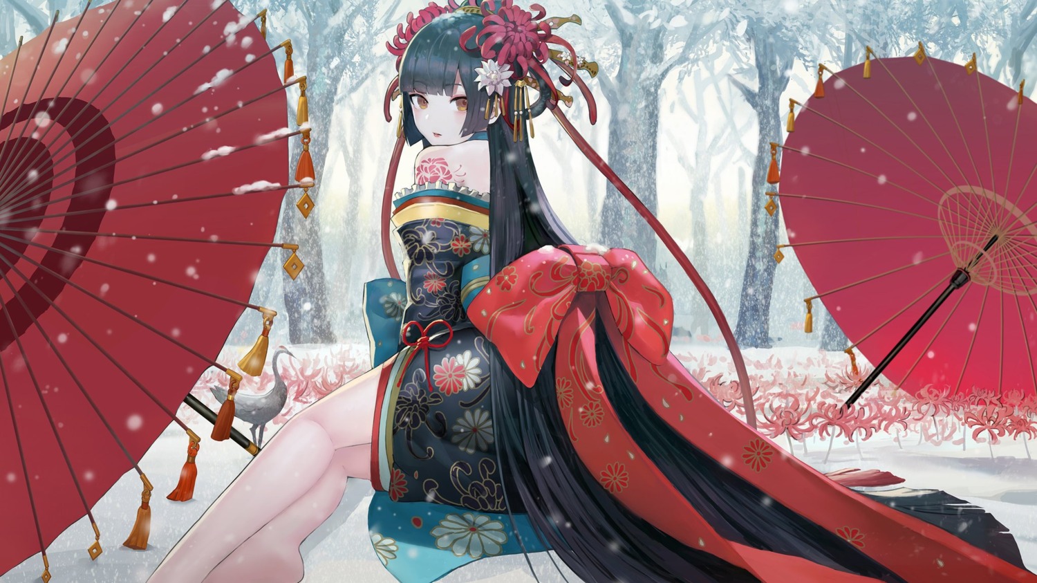 danann, higanbana_(onmyouji), japanese_clothes, onmyouji, tattoo, umbrella