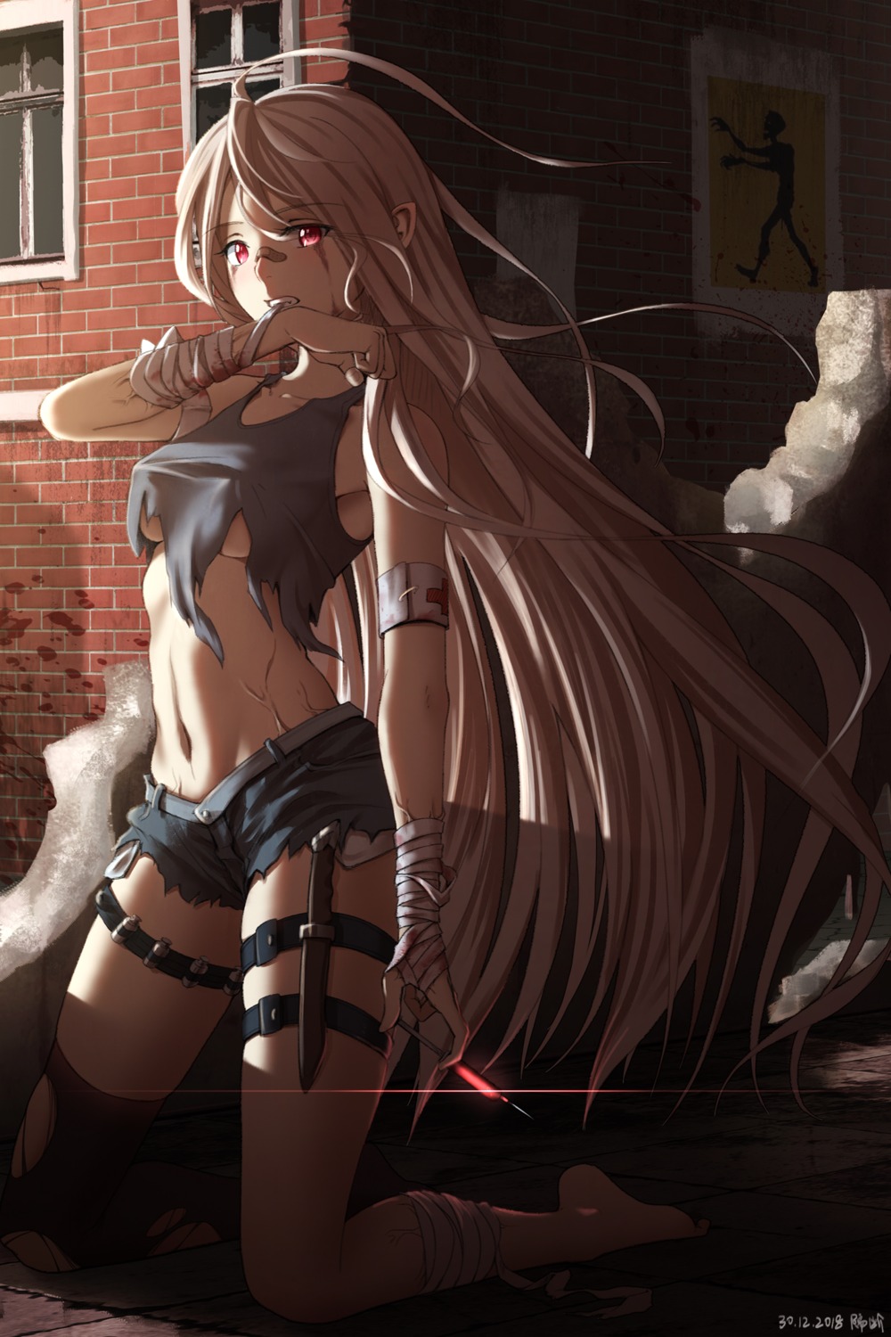 bandages, bandaid, blood, erect_nipples, garter, geduan, no_bra, torn_clothes