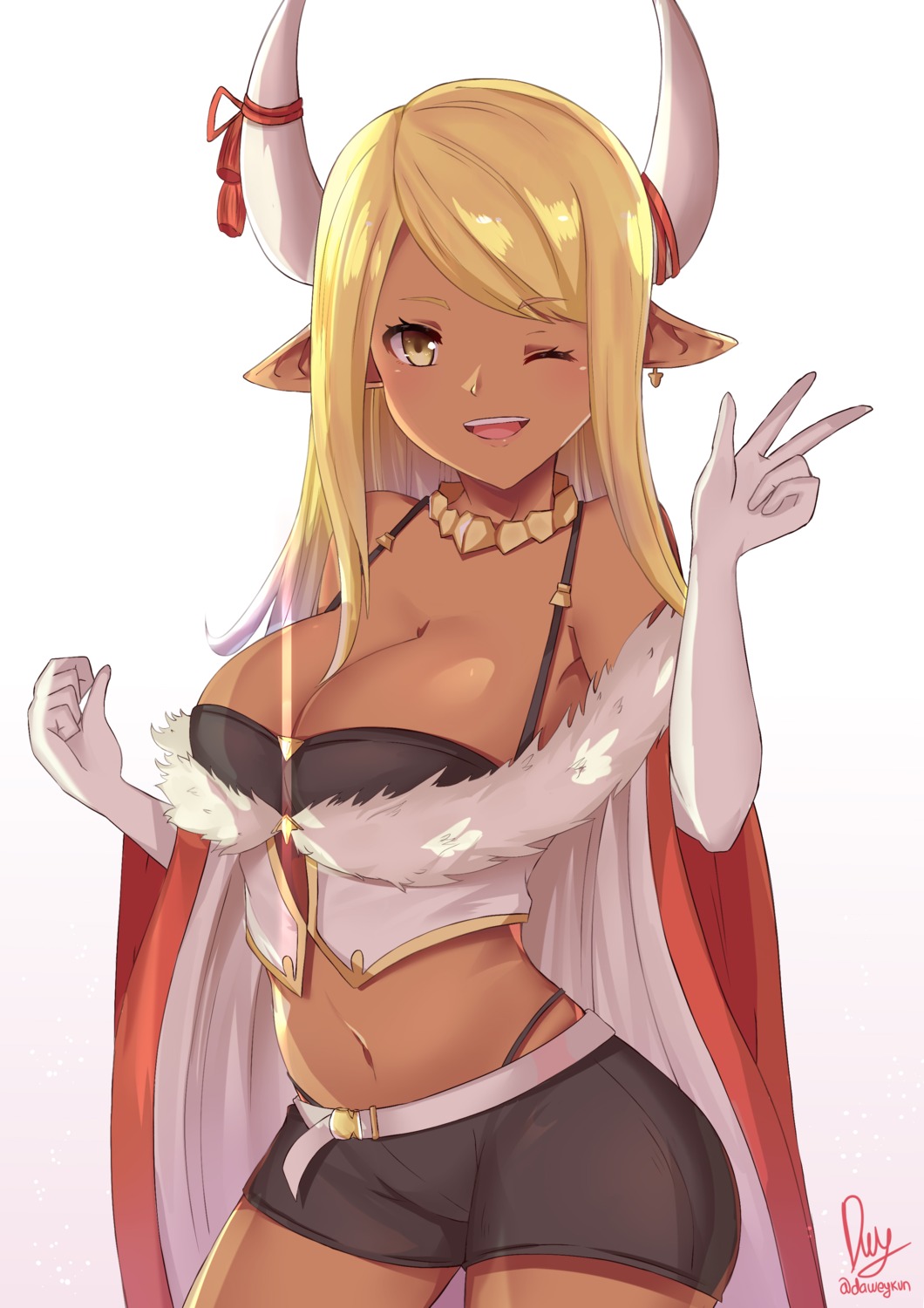 bra, cleavage, daweykun, granblue_fantasy, horns, kuvira_(granblue_fantasy), open_shirt, pointy_ears