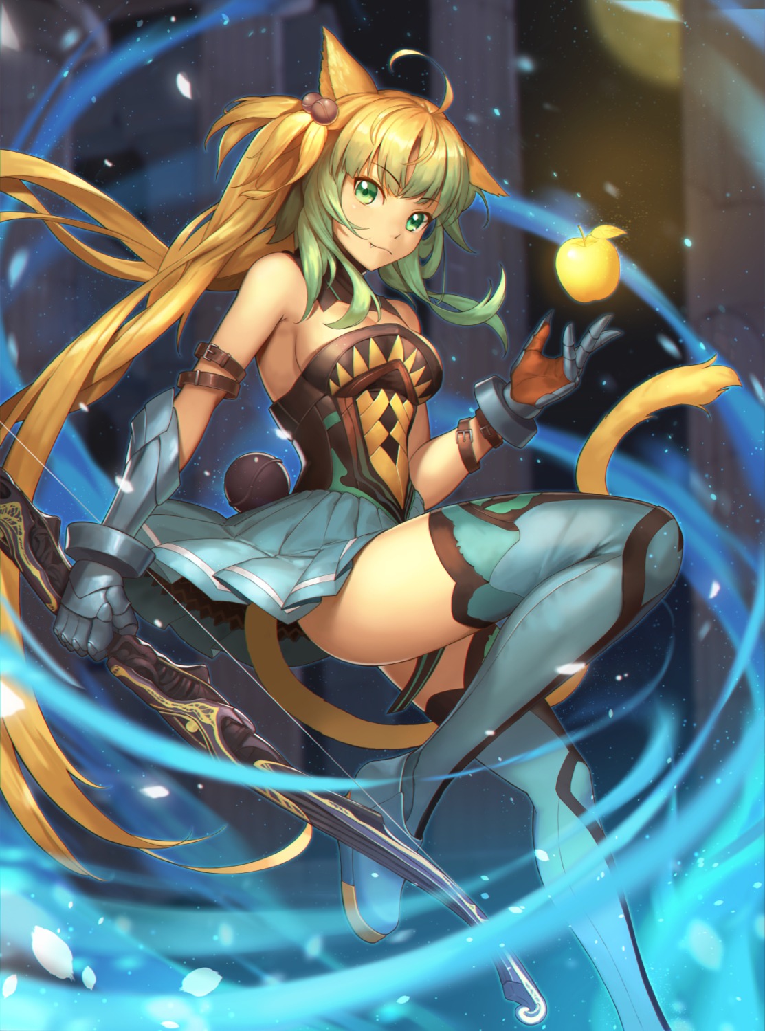 animal_ears, armor, atalanta_(fate), cleavage, fate/grand_order, skirt_lift, tail, thighhighs