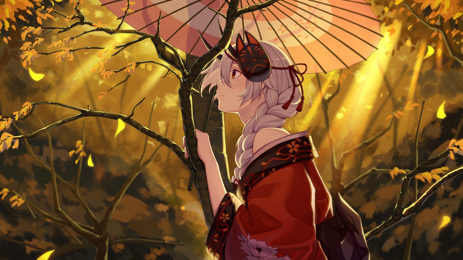 baseness, fate/grand_order, horns, japanese_clothes, tomoe_gozen_(fate), umbrella, wallpaper