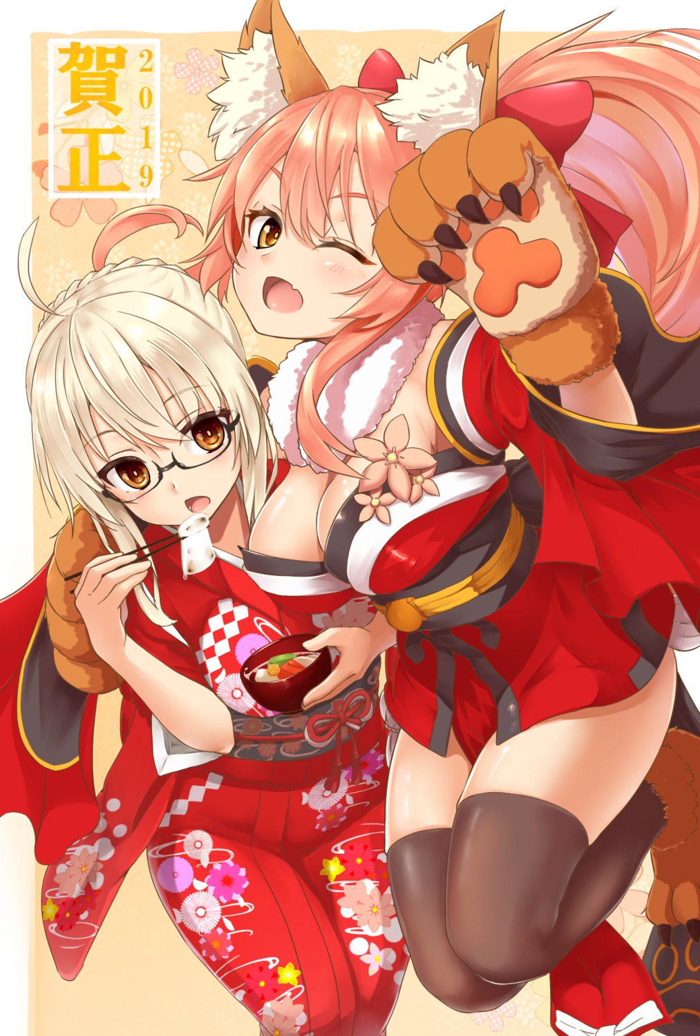 animal_ears, fate/grand_order, heroine_x_alter, japanese_clothes, kimono, kitsune, megane, shiron_(e1na1e2lu2ne3ru3), tamamo_cat, thighhighs