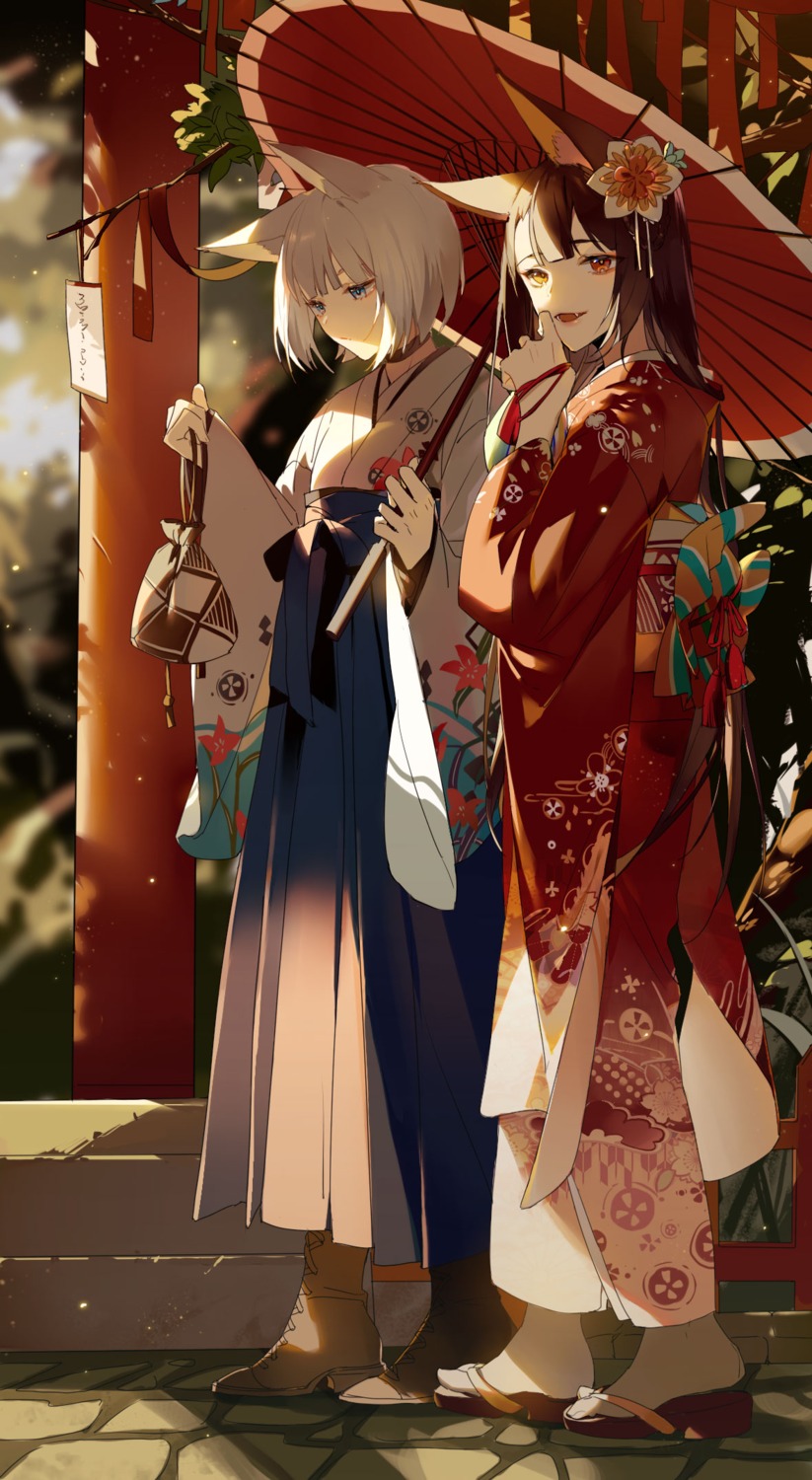 akagi_(azur_lane), animal_ears, azur_lane, heels, japanese_clothes, kaga_(azur_lane), kimono, umbrella