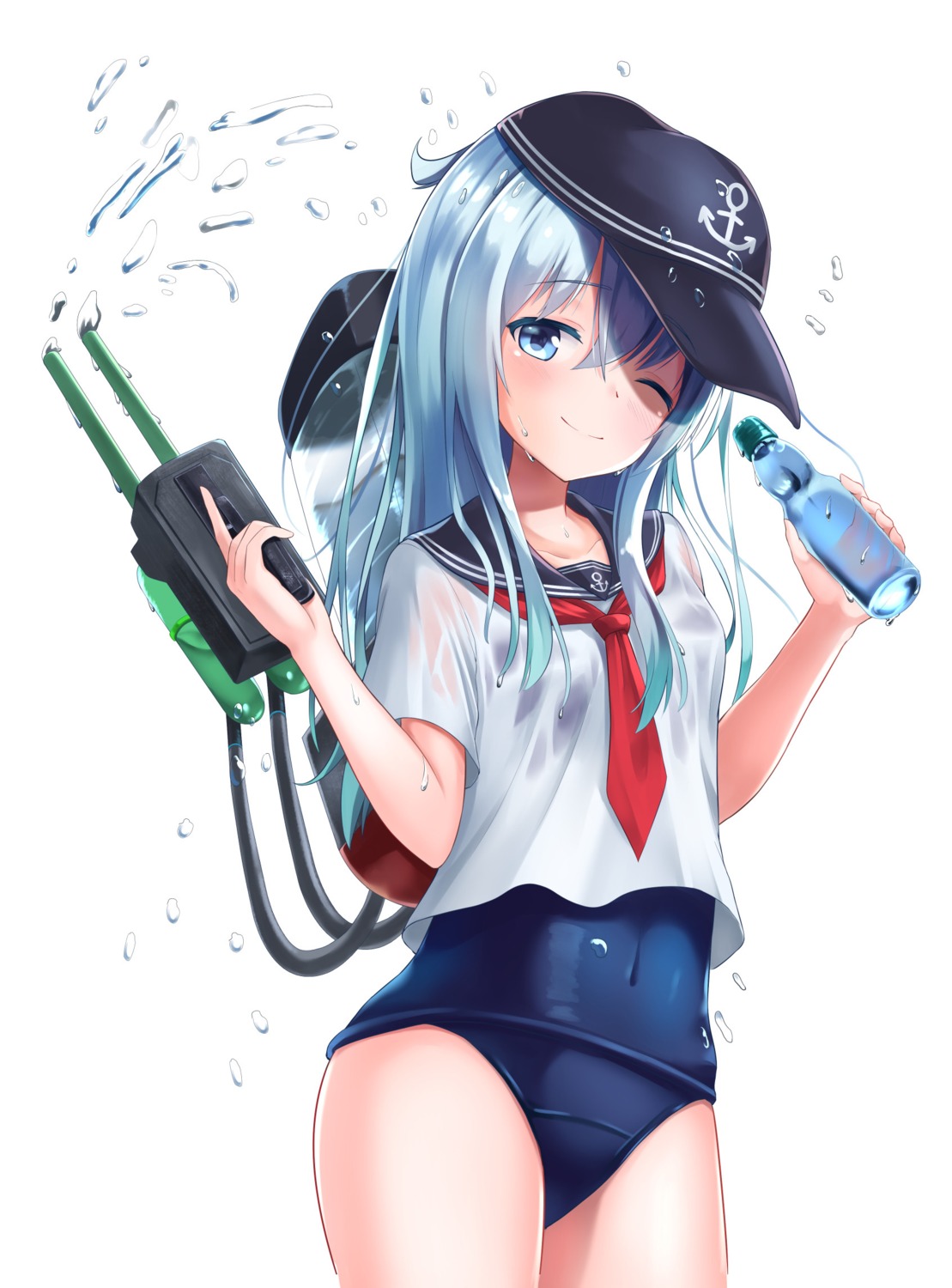 akabane_hibame, gun, hibiki_(kancolle), kantai_collection, school_swimsuit, see_through, seifuku, swimsuits