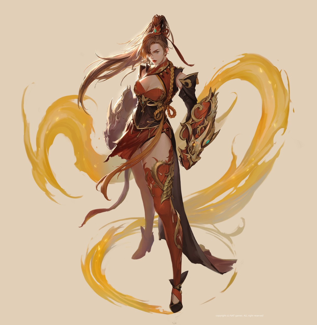 armor, bom_yeon, chinadress, cleavage, heels, thighhighs, torn_clothes