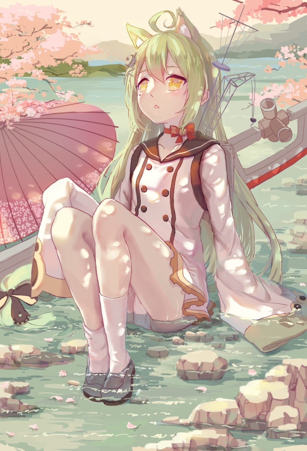 akashi_(azur_lane), animal_ears, azur_lane, bekko, pantsu, seifuku, umbrella, wet