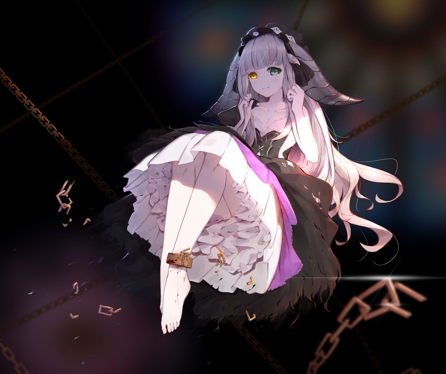 asa_ni_haru, blood, bondage, cleavage, dress, forever_7th_capital, heterochromia, horns