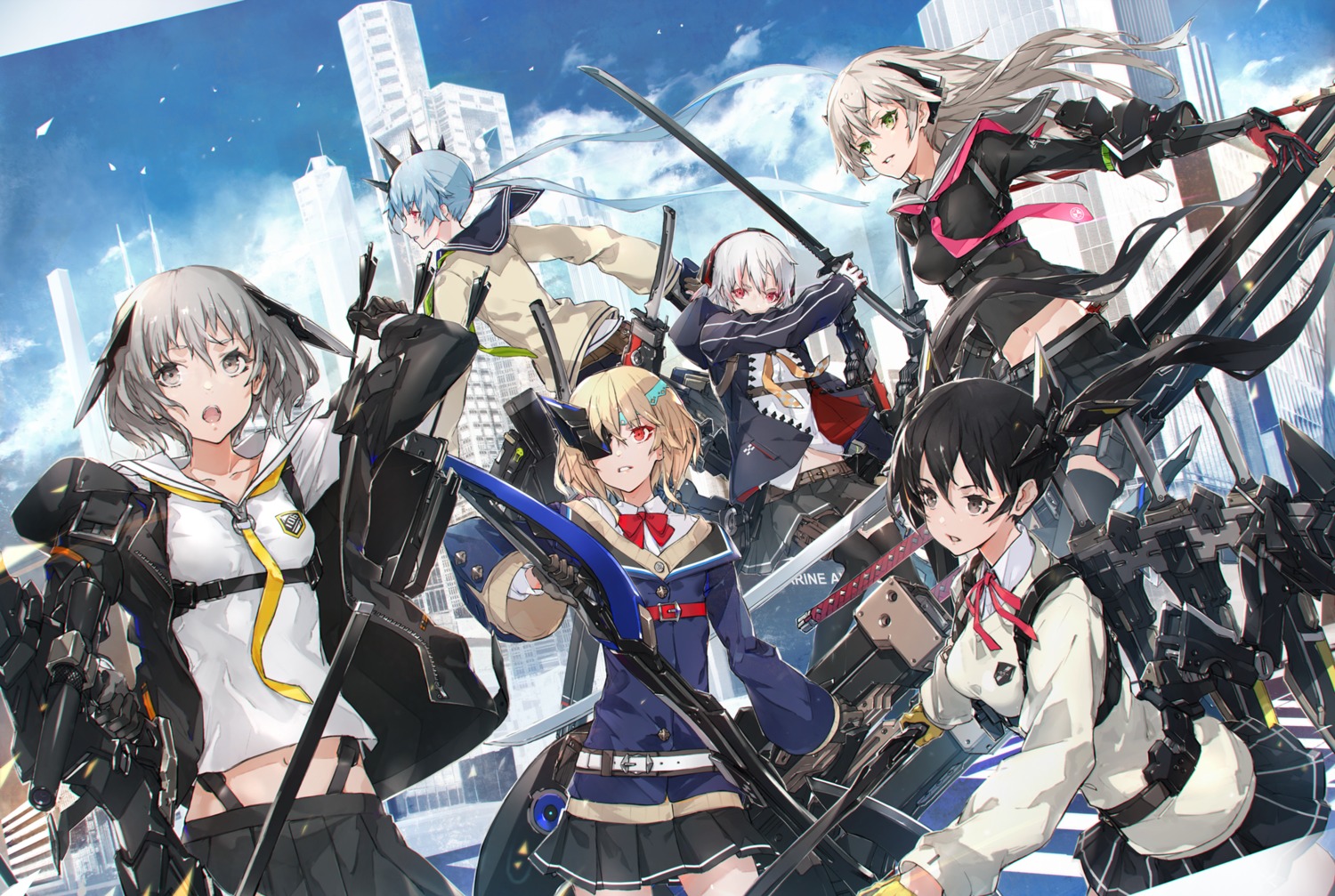 armor, eyepatch, garter, horns, neco, seifuku, sweater, sword