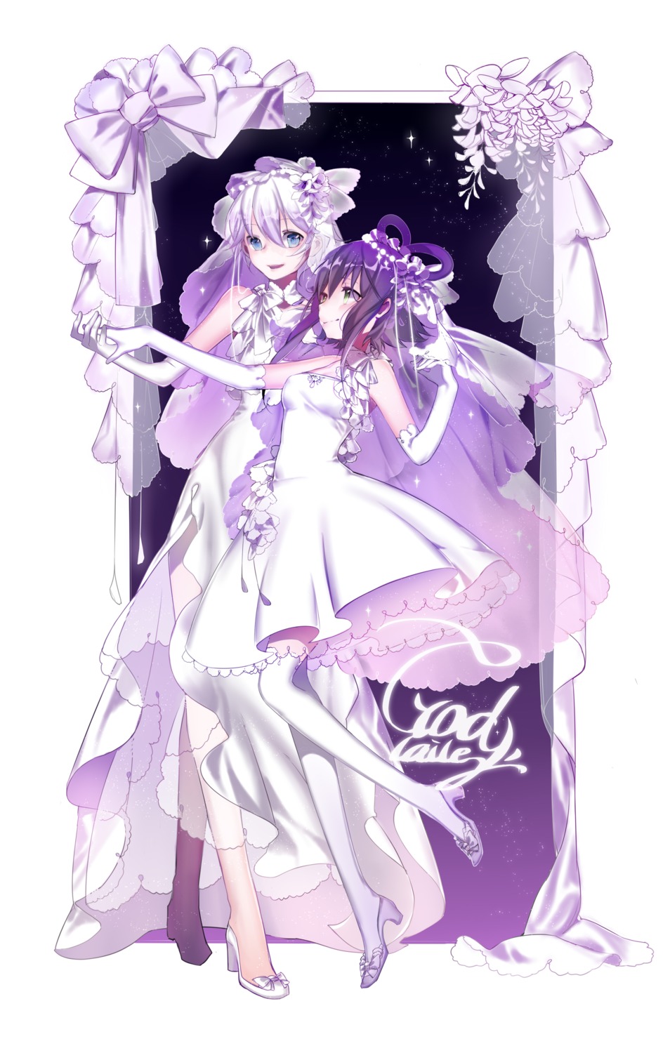 dress, godlailer, heels, luo_tianyi, thighhighs, vocaloid, wedding_dress, yuri