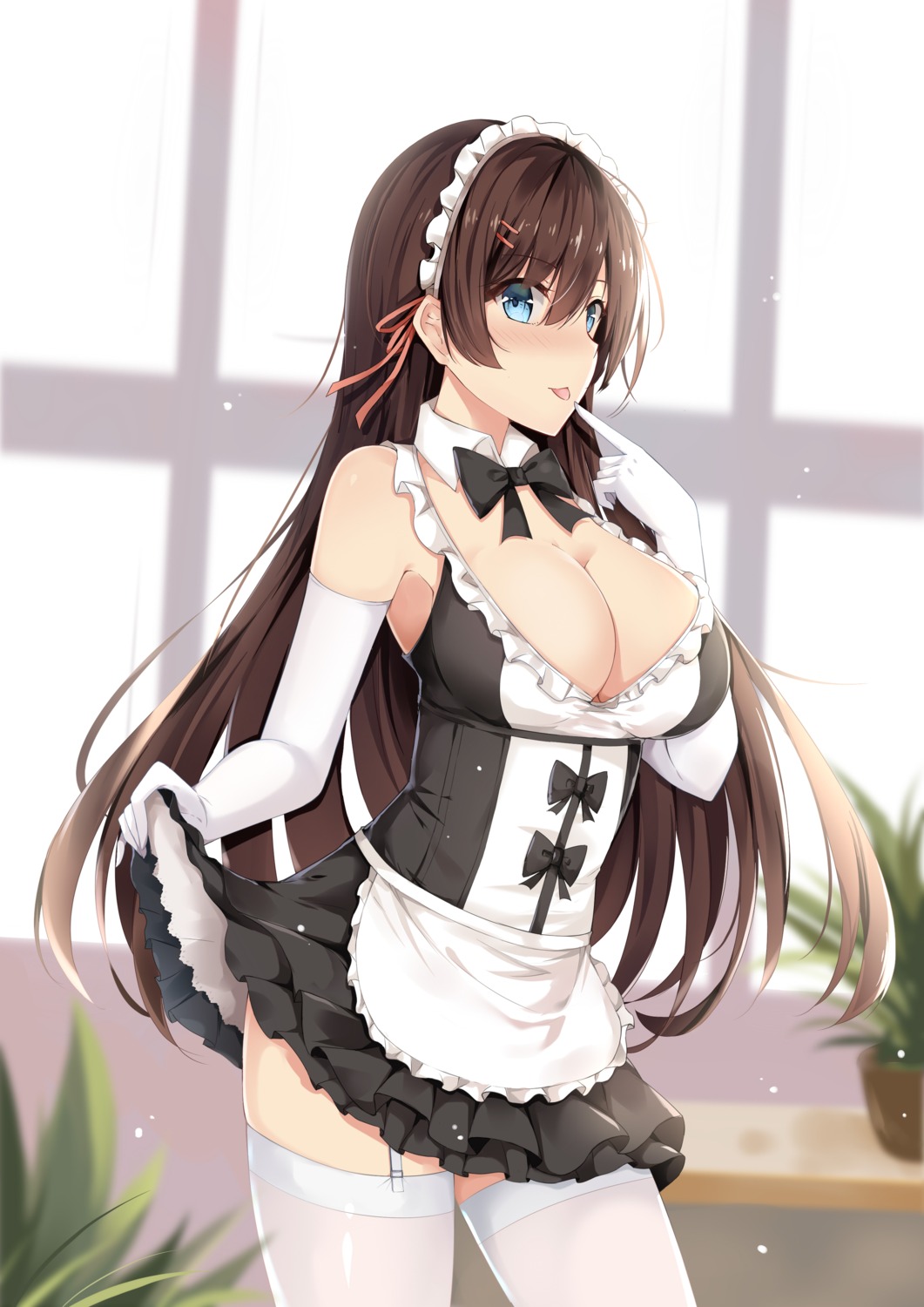 bantian_yindang, cleavage, maid, no_bra, skirt_lift, stockings, thighhighs