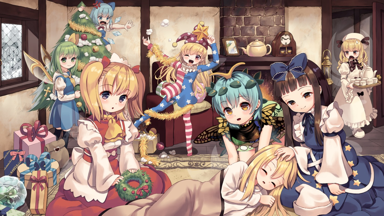 christmas, cirno, clownpiece, daiyousei, dress, eternity_larva, lily_white, luna_child